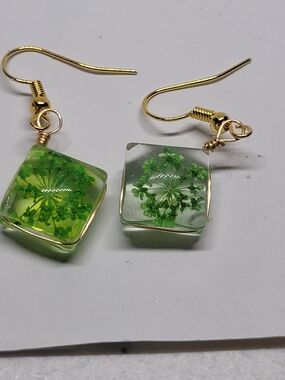 Green Glass Botanical Square Drop Earrings